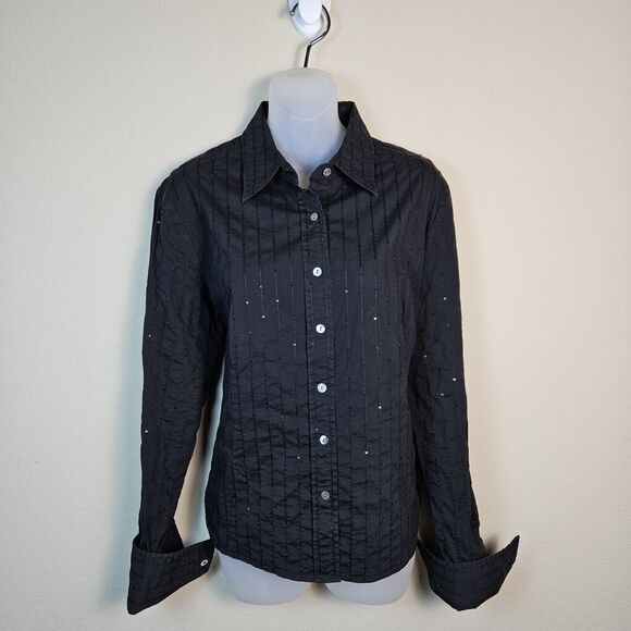 Lafayette 148 New York Blouse Women 14 Black Sequins Embroidered Striped FLAWED - Picture 2 of 16